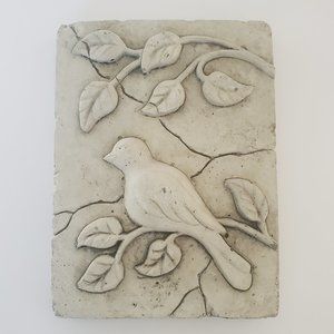 Bird in a Tree Distressed Cement Wall Art Plaque Rustic Farmhouse Cottagecore